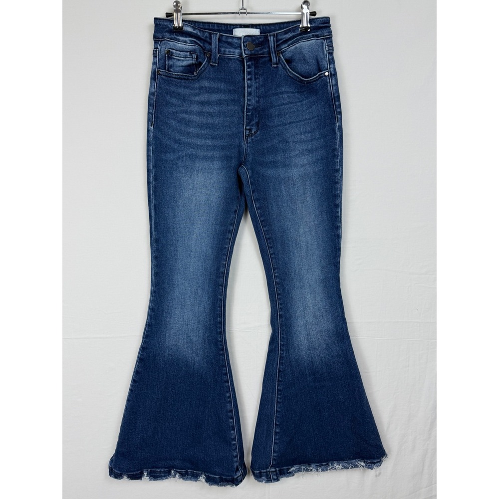 Petra 153 High Rise Flare Jeans Womens 9/28 Dark Wash Raw Hem Bell Bottoms